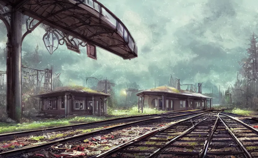Image similar to An abandoned train station in the style of Disney, disney concept art, cinematic lighting, overgrown swedish urban landscape, 8k resolution, trending on artstation