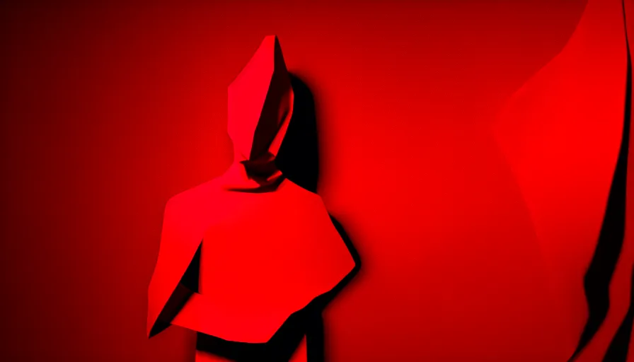 Prompt: enigmatic figure wrapped in red sheet in darkness, high contrast, hard light, digital art, rendering, cloth simulation, redshift