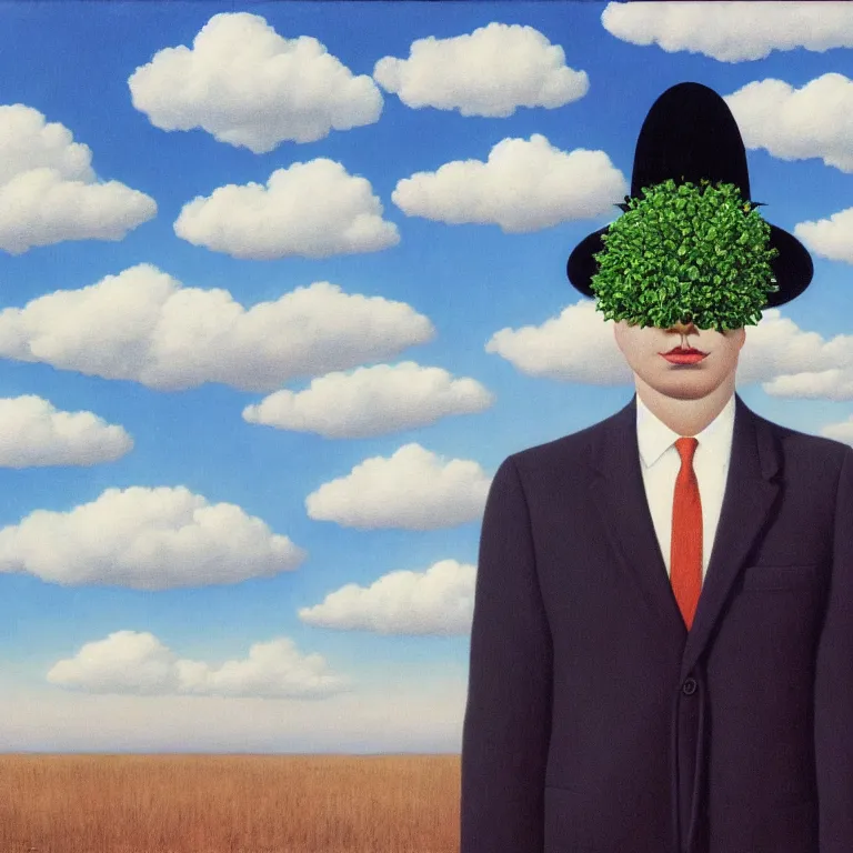 Image similar to portrait of a faceless beautiful flower - head man in a suit, clouds in the background, by rene magritte, detailed painting, distance, middle centered, hd, hq, high resolution, high detail, 4 k, 8 k