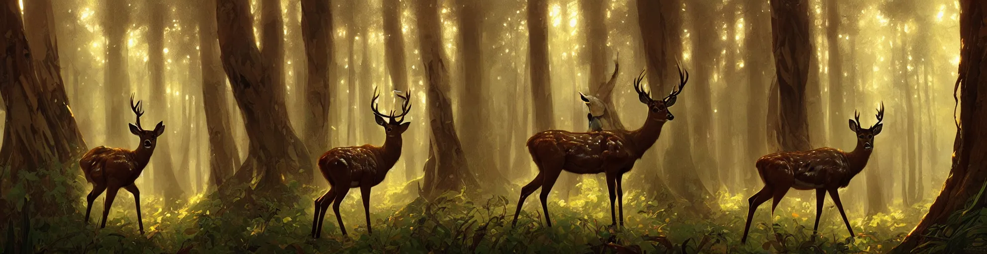 Image similar to Deer in Sherwood Forest, highly detailed, digital painting, artstation, concept art, smooth, sharp focus, illustration, art greg rutkowski and alphonse mucha