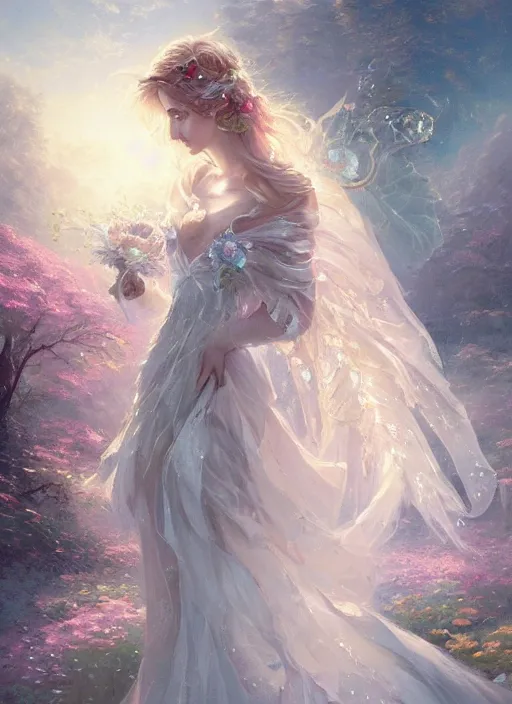 Prompt: a beautiful painting of a fairy princess with a beautiful crystal wedding dress, diamond, cloud, by greg rutkowski and thomas kinkade, trending on artstation