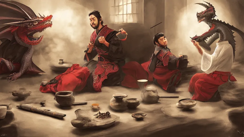 Prompt: Japanese tea ceremony between Billy the Kid and Drogon the dragon, fantasy concept art by Mark Winters