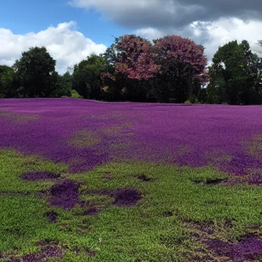 Image similar to landscape covered in purple mold, wide, from a distance