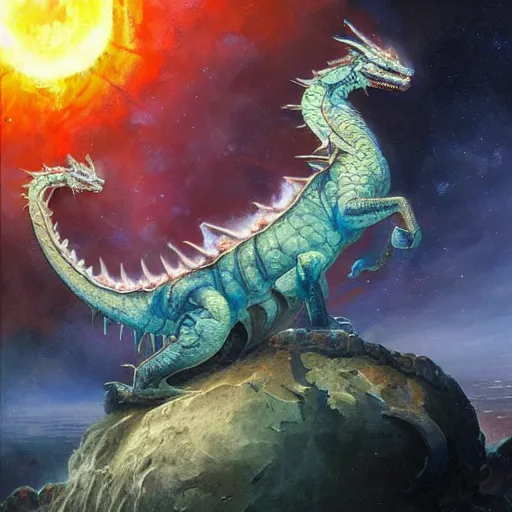 Prompt: prompt crystalline blue, European dragon, devouring a planet, space, sun system, nebula, oil painting, by Fernanda Suarez and and Edgar Maxence and greg rutkowski