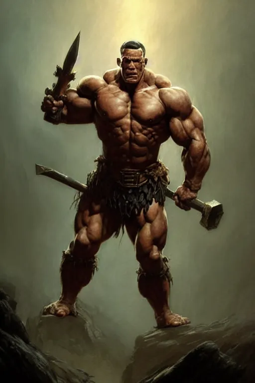 Image similar to full body portrait of [ [ [ john cena ] ] ] as a barbarian, by frank frazetta, greg rutkowski and peter mohrbacher, dramatic action pose, extremely detailed shading, sharply focused, concept art, digital painting, trending on artstation, unreal engine 5, octane render, atmosphere, glow, cinematic lighting, full of color