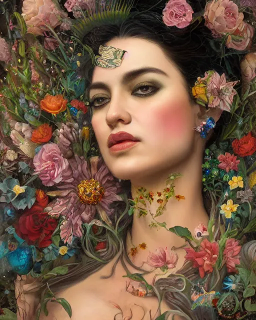 Image similar to portrait of the mexican queen of the underworld, surrounded by flowers by karol bak, james jean, tom bagshaw, rococo, sharp focus, trending on artstation, cinematic lighting, hyper realism, octane render, 8 k, hyper detailed.