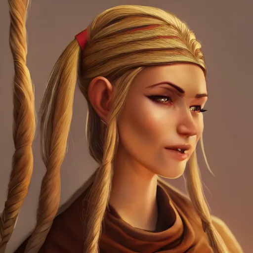 Prompt: tall female, half elf, short ears, long blonde hair, single braid, almond shaped dark brown eyes, long lashes, big forehead, a round tapered face, sharp nose, full lips, monk clothes, full body illustration, character art, character design, 4 k, 8 k, unreal render, octane render