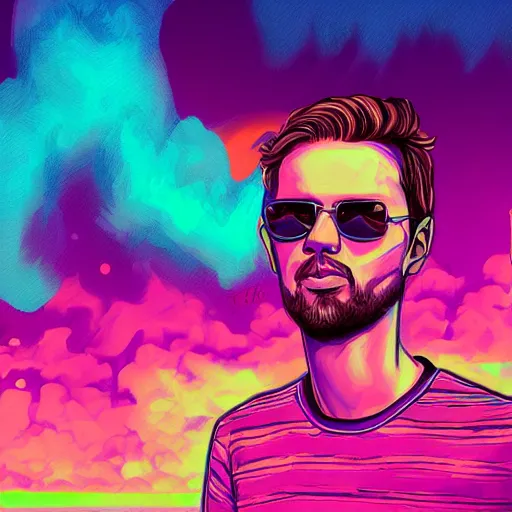 Image similar to art of a chill synthwave dude, digital painting, synthwave, vivid