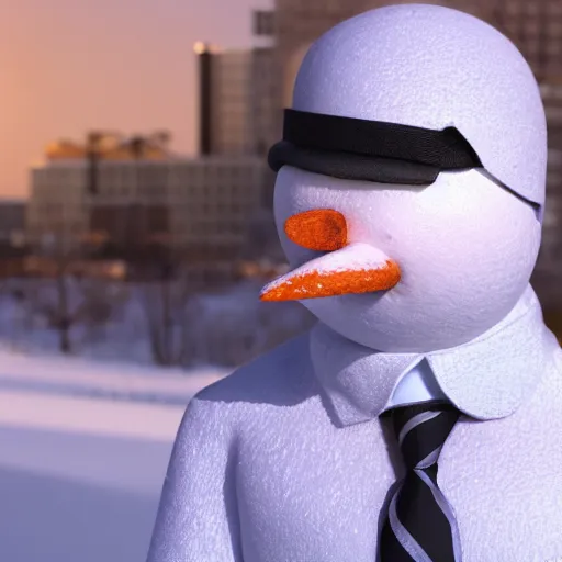 Image similar to a highly detailed humanoid snowman in business suit with black eyes and mouth, no nose, hyperrealism, professional, octane render, digital art