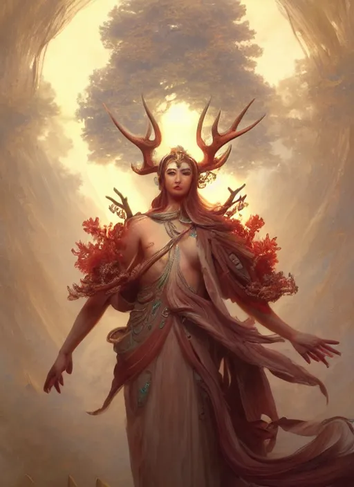 Prompt: Gigantic Deity with a halo made of antlers and translucent mushrooms, extremly detailed digital painting, in the style of Fenghua Zhong and Ruan Jia and Jeremy Lipking and Peter Mohrbacher, mystical colors, rim light, beautiful lighting, 8k, stunning scene, raytracing, octane, trending on artstation