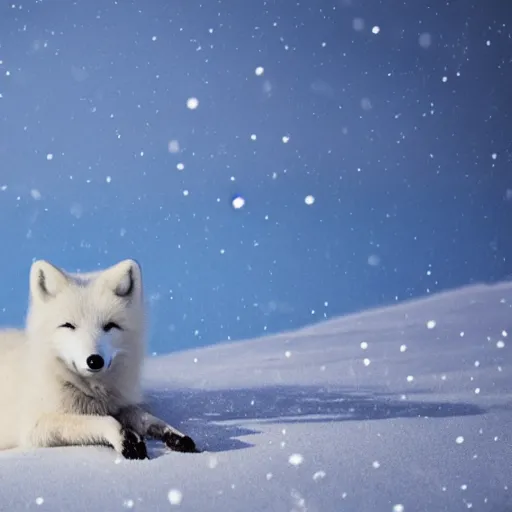 Prompt: white background, snow blanket, arctic fox sitting down, side view, fully body, fox looking up, fox enjoying the sun, matte painting