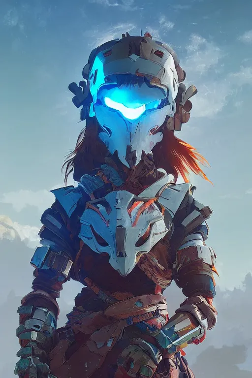 Image similar to combination suit armor aloy horizon forbidden west horizon zero dawn radiating a glowing aura global illumination ray tracing hdr fanart arstation by ian pesty and alena aenami artworks in 4 k tribal robot ninja mask helmet backpack