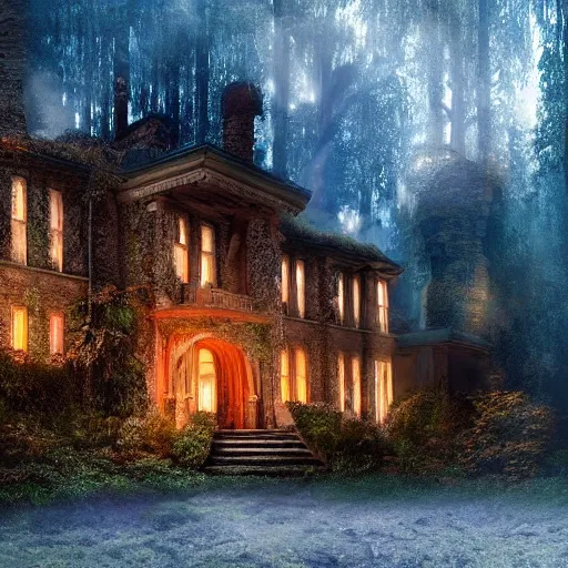 Prompt: manor in the miffle of the forest, at night, light flowing through the windows, cinematic, fantasy