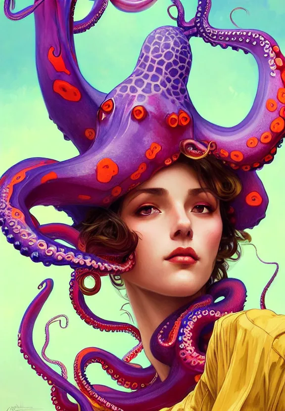 Image similar to close up of a beautiful woman wearing a colourful octopus as a hat, fantasy, intricate, elegant, highly detailed, digital painting, artstation, concept art, smooth, 8 k, sharp focus, illustration, art by artgerm and greg rutkowski and alphonse mucha