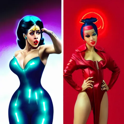 Image similar to cardi b and james bond as darna, wax figure, glowing eyes, volumetric lights, red and cyan theme, art nouveau botanicals, intricate, highly detailed, digital painting, artstation, concept art, smooth, sharp focus, cinematic, illustration, beautiful face, art by artgerm and greg rutkowski and alphonse mucha