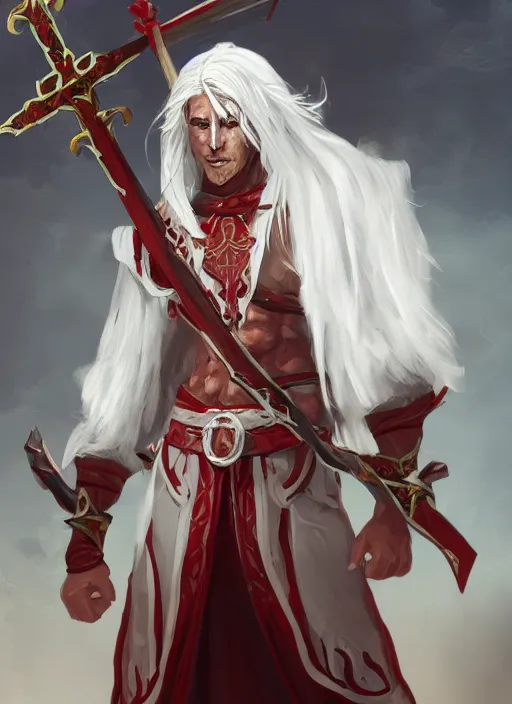 Image similar to a highly detailed illustration of white haired african priest, wearing cross on robe, wielding red blades made of blood, evil standing smiling pose, muscular, intricate, elegant, highly detailed, centered, digital painting, artstation, concept art, smooth, sharp focus, league of legends concept art, WLOP