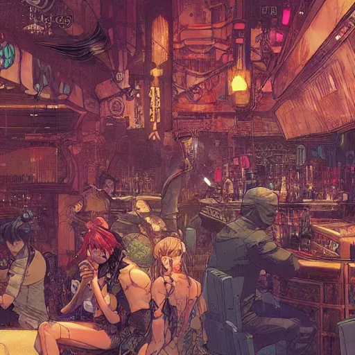 Prompt: a cyberpunk night bar, with bars of Zero G vodka on the shelf, intricate very detailed, colored manga line art, by Mucha and Craig Mullins, anime trending on artstation,