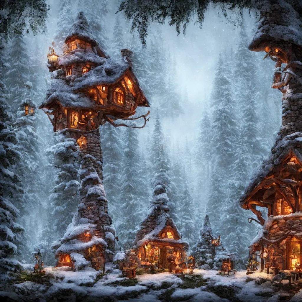 Image similar to elf magical forest cabin with a chimney fantasy, trending on artstation, octane