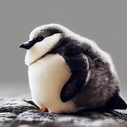 Prompt: baby penguin wearing cute glasses cuddling in a blanket, trending on artstation, national geographic, 4 k