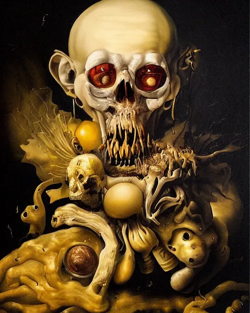 Image similar to refined gorgeous blended oil painting with black background by christian rex van minnen rachel ruysch dali todd schorr of a chiaroscuro portrait of an extremely bizarre disturbing mutated man with shiny skin acne dutch golden age vanitas intense chiaroscuro cast shadows obscuring features dramatic lighting perfect composition masterpiece