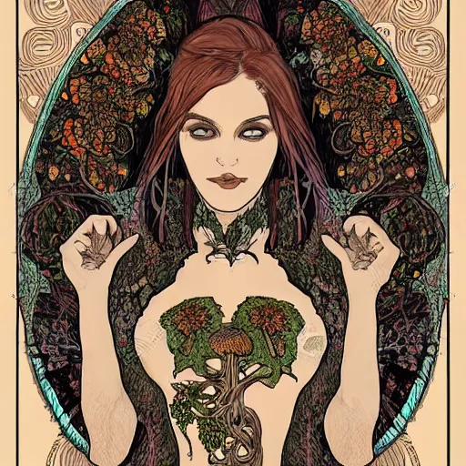 Image similar to a beautiful detailed front view portrait of a rotten woman corpse with fractal plants and fractal flowers and mushrooms growing around, symmetrical, ornate, ornamentation, illustration, in the style of art nouveau, mucha