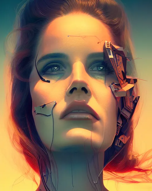 Image similar to portrait of lana del rey as a cyborg. intricate abstract. intricate artwork. by tooth wu, wlop, beeple, dan mumford. octane render, trending on artstation, greg rutkowski very coherent symmetrical artwork. cinematic, hyper realism, high detail, octane render, 8 k, iridescent accents