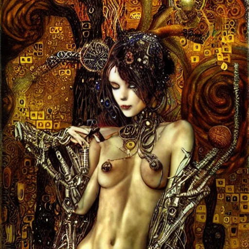 Prompt: cybernetic demon dreaming, lsd, circuitry, intricate detail, klimt, royo,