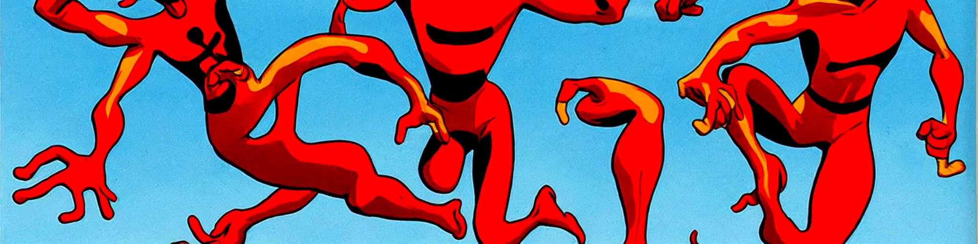 Image similar to plasticman showing off his weird limbs illustrated by todd mcfarlane with very long hands and arms and fingers and legs and feet twirling and twisting around on a very sunny day in another dimension, funny, silly