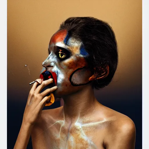 Prompt: tired woman smoking a cig, octane render, by wangechi mutu, unreal engine, by george condo, by george condo fx, cinematic, dramatic, photography, portrait, ray tracing reflections, ray traced, post processing, post - production, tone mapping, cgi, vfx