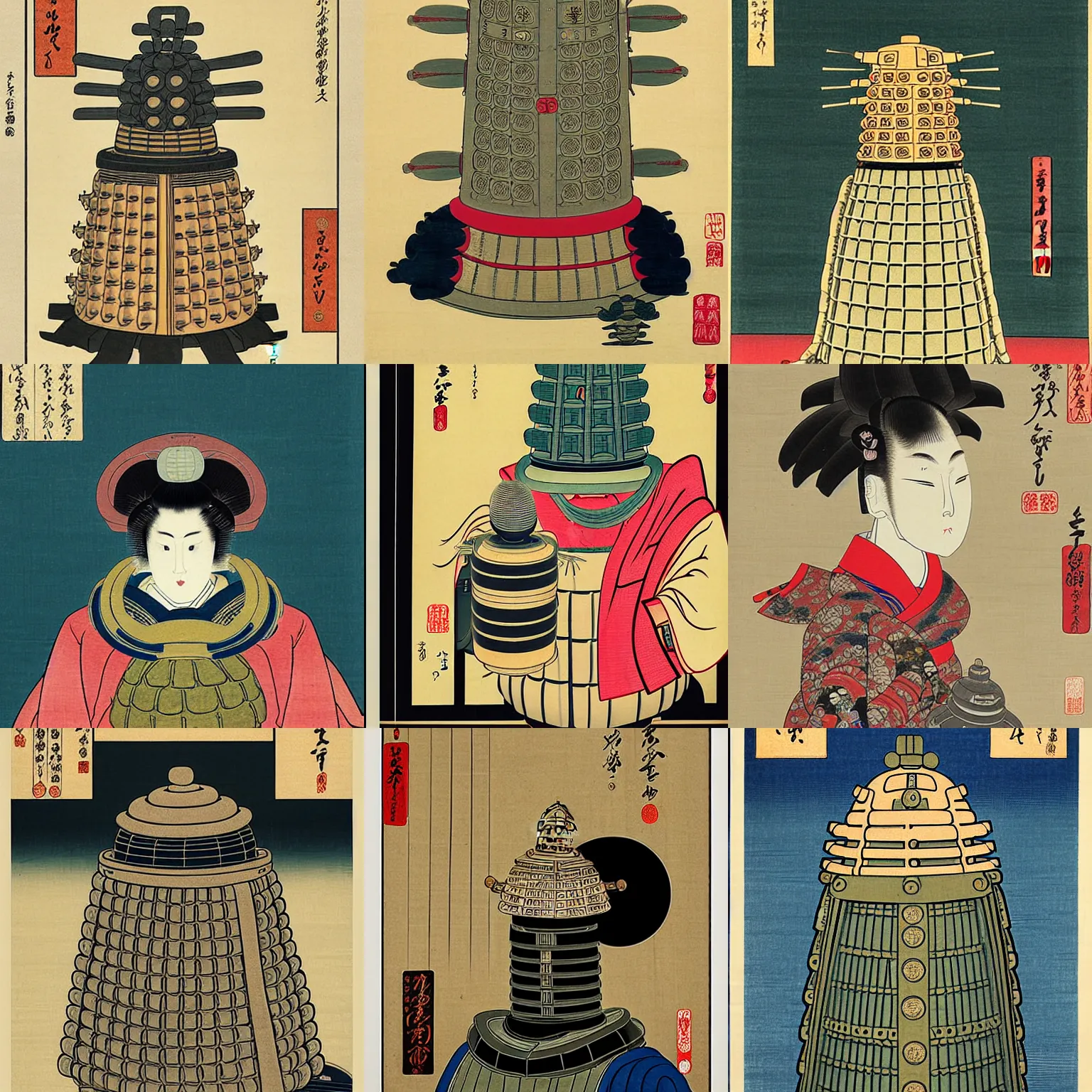 Prompt: beautiful portrait ukiyo - e painting of dalek by kano hideyori, kano tan'yu, kaigetsudo ando, miyagawa choshun, okumura masanobu, kitagawa utamaro