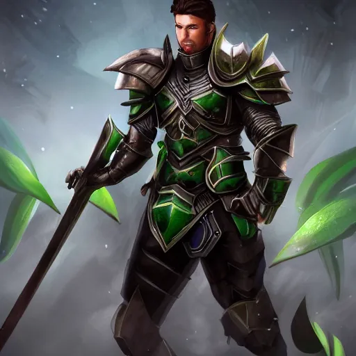 Prompt: male with black short hair and green eyes wearing paladin armor, realistic, detailed eyes, detailed, 4k, illustration, muscle, handsome, fantasy