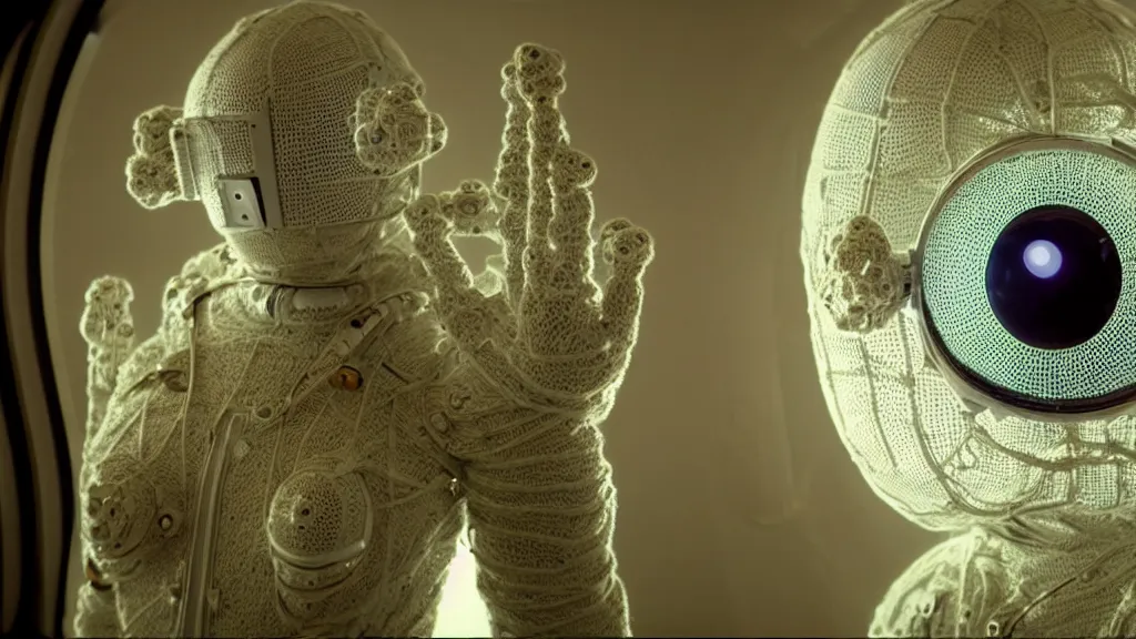 Image similar to a cybernetic symbiosis of a single astronaut eva suit made of wearing knitted yarn thread infected with diamond 3d fractal lace iridescent bubble 3d skin covered with insectoid compound eye camera lenses floats through the living room, film still from the movie directed by Denis Villeneuve with art direction by Salvador Dalí, wide lens,