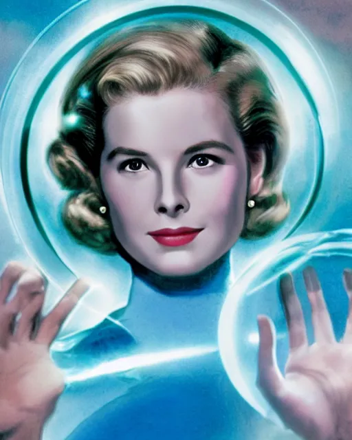 Image similar to drew struzan style movie color poster of grace kelly dressed as sue storm, the invisible woman from the fantastic four, with her hands held up, she is generating an iridescent bubble of particles around her body in the form of a shimmering bubble force field, soft focus, bokeh, 5 0 mm