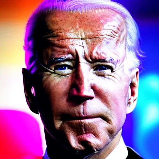 Image similar to Joe Biden, robotic, cyberpunk, cyborg, neon lights, glowing eyes