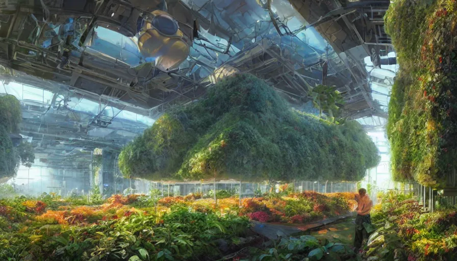 Prompt: craig mullins and ghibli digital illustration vertical farms and hydroponics under a force field dome, colorful, unreal engine, hyper realism, realistic shading, cinematic composition, realistic render, octane render, detailed textures, photorealistic, wide shot