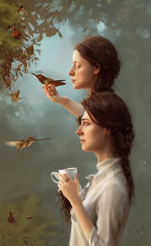 Prompt: portrait of a woman with brown hair sipping tea next to a humming bird, concept art, fantasy, highly detailed, cinematic lighting, digital painting by greg rutkowski