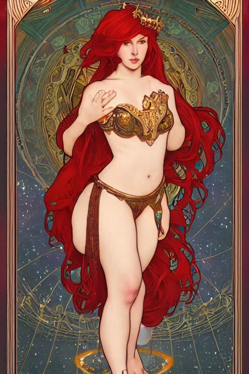 Image similar to a full body tarot card of the red haired curvy empress of eternity, space, universe, portrait, highly detailed, deep focus, elegant, digital painting, smooth, sharp focus, illustration, ultra realistic, 8 k, art by artgerm and alphonse mucha