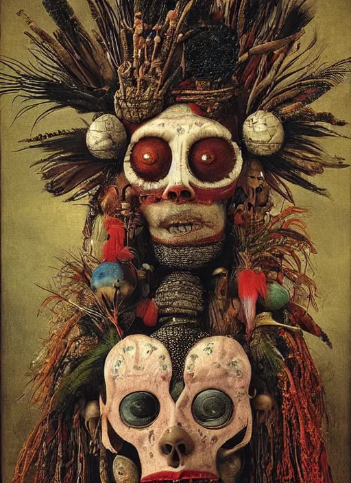 Prompt: a surreal painting of a shaman's face, by Giuseppe Arcimboldo, voodoo, occult, cosmic, symbolist, soft colors, dramatic lighting, smooth, sharp focus, extremely detailed, aesthetically pleasing composition