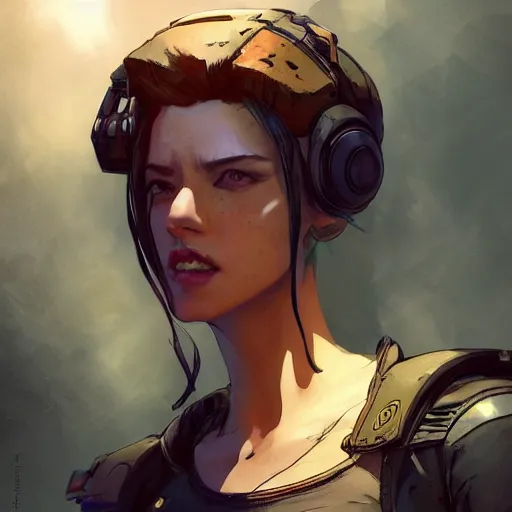 Image similar to concept art character, very high angle view, book cover, very attractive woman with full lips, walking in cyberpunk valley highly realistic, fine details, Anime, realistic shaded lighting by Ilya , WLOP Jeremy Lipkin and Giuseppe Dangelico Pino, Borderlands 3 style, book cover, extremely fine inking lines