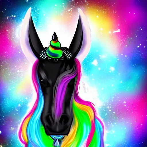 Prompt: digital illustration of a black punk rock unicorn with a rainbow mohawk, deviantArt, artstation, artstation hq, hd, 4k resolution