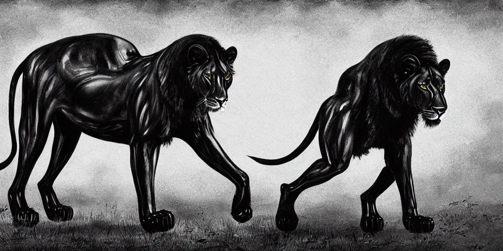 Image similar to the black lioness made of ferrofluid, walking in the suburban neighborhood, dripping tar. animal drawing, drawing, environment art, realistic, detailed