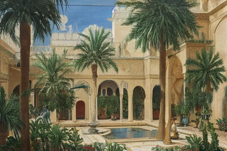 Image similar to painting of a beautiful moorish palace courtyard garden, by ludwig deutsch, patterned tilework, palm trees, tiled fountains, extremely detailed, dramatic lighting, smooth sharp focus