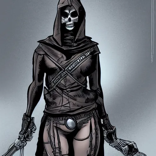 Prompt: female assassin with a hood, gaiter and skeleton spandex, by tom bradstreet