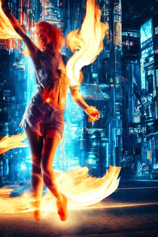 Image similar to young blonde woman with flames dancing on her hands with a long jacket in a cyberpunk city, realistic, high definition, 4K, shimmering color, epic digital art