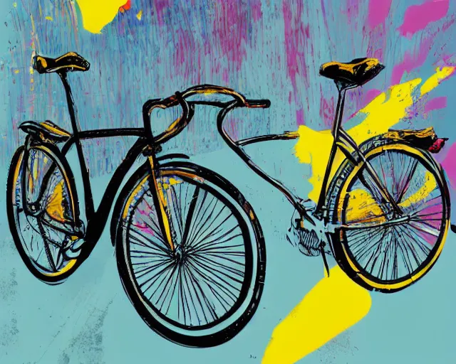 Image similar to a bicycle in front of a yellow background. paint splashes, outrun, vaporware, shaded flat illustration, digital art, trending on artstation, highly detailed, fine detail, intricate