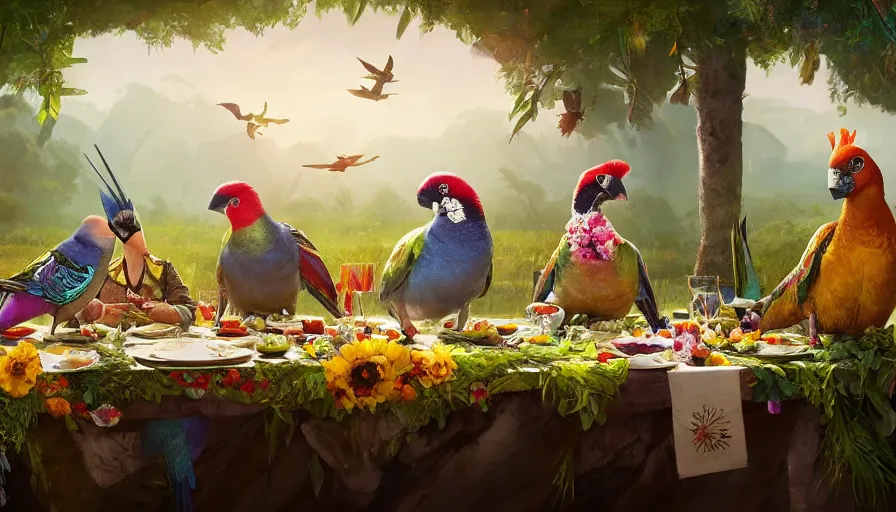 Prompt: a table dinner of exotic birds where birds are dressed like the characters from the midsommar movie wearing flowers, realistic detailed digital art by maxwell boas jessica rossier christian dimitrov anton fadeev trending on artstation cgsociety rendered in unreal engine 4 k hq