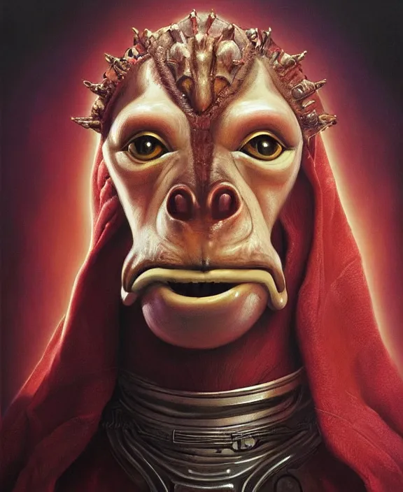 Prompt: dignified portrait of jar - jar binks as the queen of england, art by tom bagshaw and doug chiang and manuel sanjulian, hyperrealism, star wars 🇬🇧