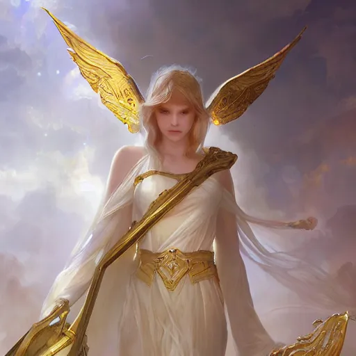 Image similar to angel warrior, beautiful, stunning, gold mist, radiating power, energy, god rays, luminescence, fractal, smooth white and soft by ruan jia, tom bagshaw, alphonse mucha, krenz cushart, vray render, artstation, deviantart, pinterest