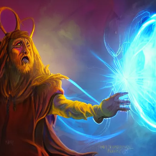 Prompt: Wizard conjuring an orb through a nexus portal, epic lighting, saturated colors, extremely detailed