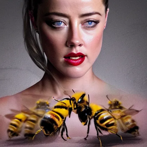 Image similar to Amber heard physically stepping on a bee, photorealism, fake